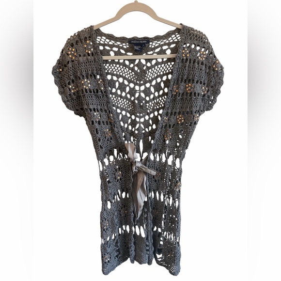 Boston Proper Sweaters - Boston Proper Blue/Gray Sequin Crochet Longline Cardigan (S) Fairy Grunge FLAWS